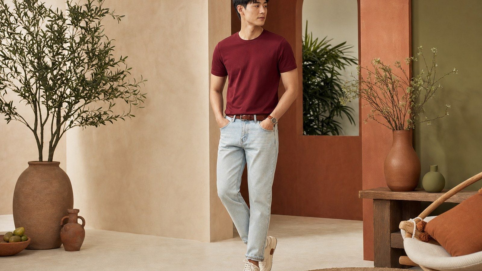 Áo thun đỏ đô phối denim sáng cho ngày mặc đơn giản mà vẫn có điểm nhấn