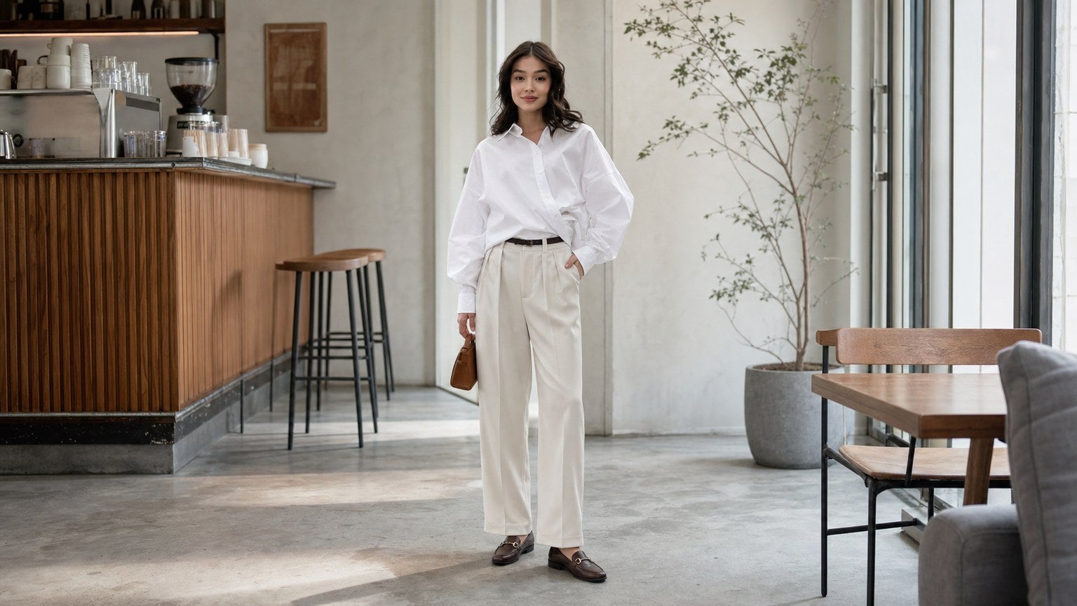 Sơ mi trắng, quần ống suông và loafer cho công thức công sở cơ bản