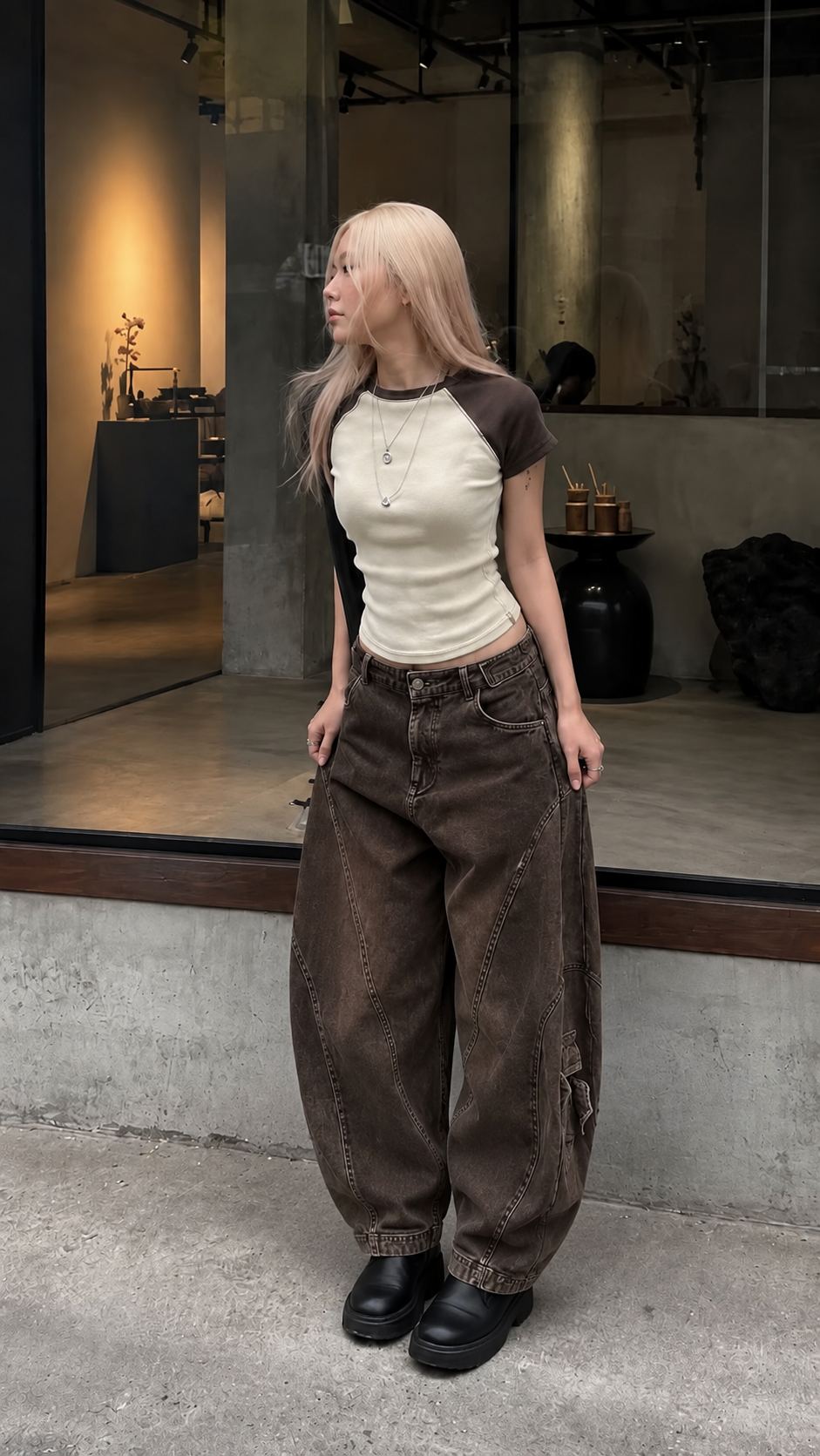 Quần baggy denim nâu rộng ở hông đùi và thu gọn nhẹ về gấu trong bản phối đời thường