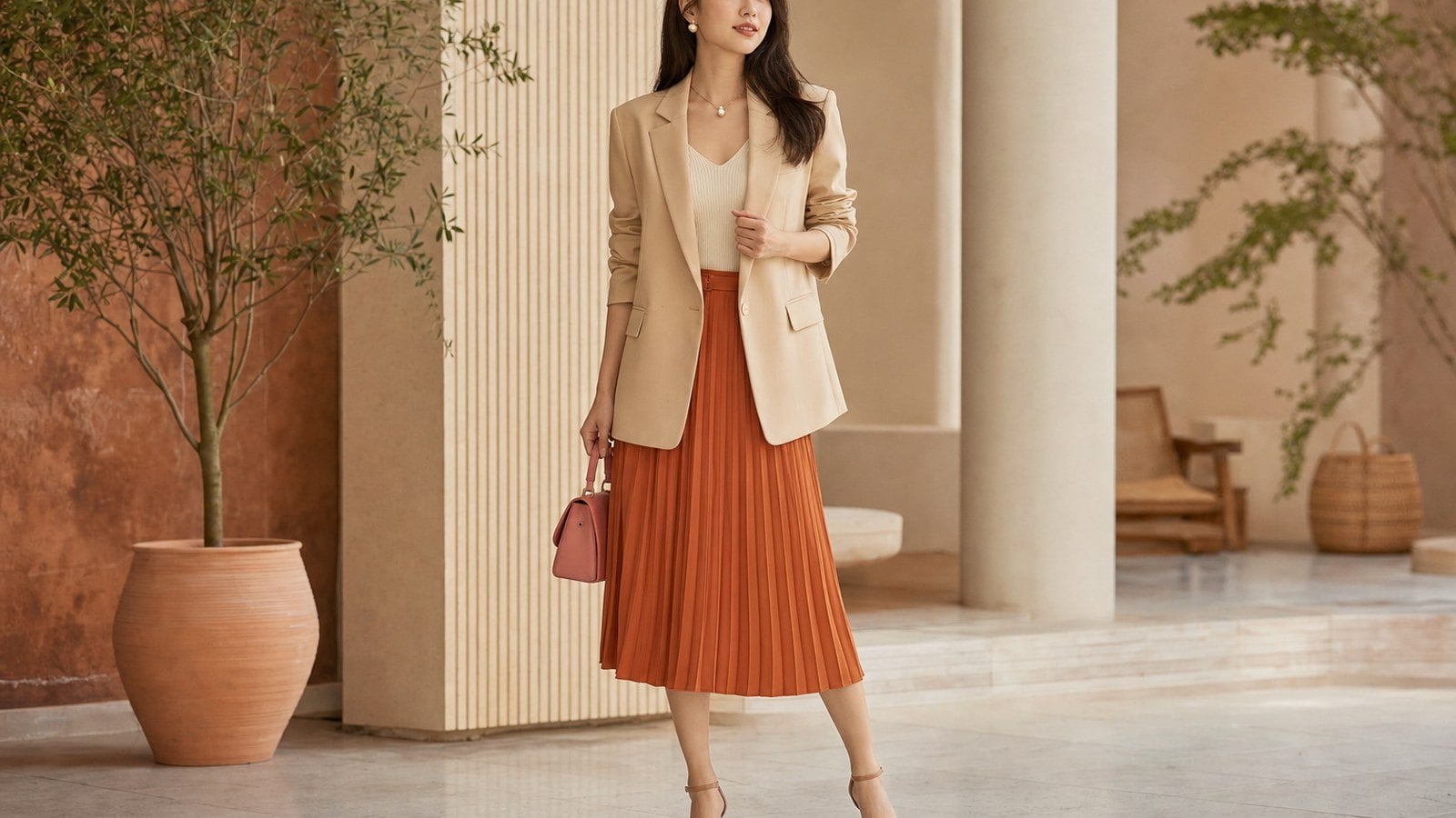 Blazer màu be phối chân váy cam đất để outfit sáng nhưng không gắt