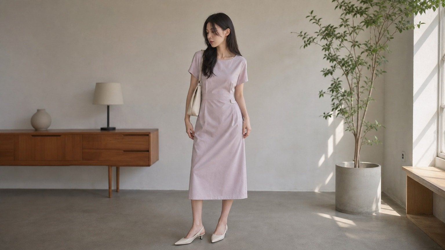 Đầm pastel trơn và giày mũi nhọn thấp giúp dáng nhìn thanh hơn