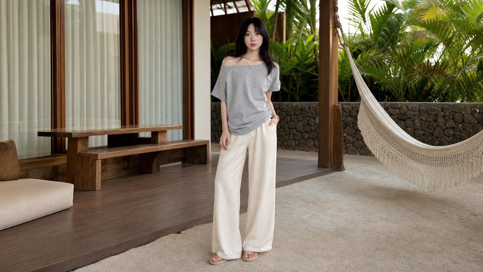 Áo trễ vai phối quần linen hoặc cotton sáng màu cho ngày thoáng mát