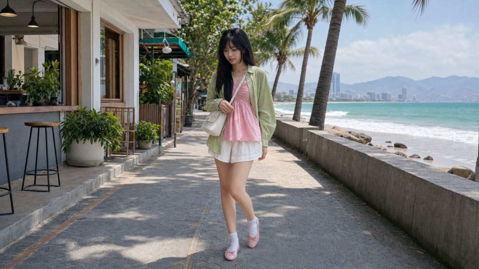 Đi từ item nền rồi thêm điểm nhấn bằng phụ kiện cho outfit Nha Trang