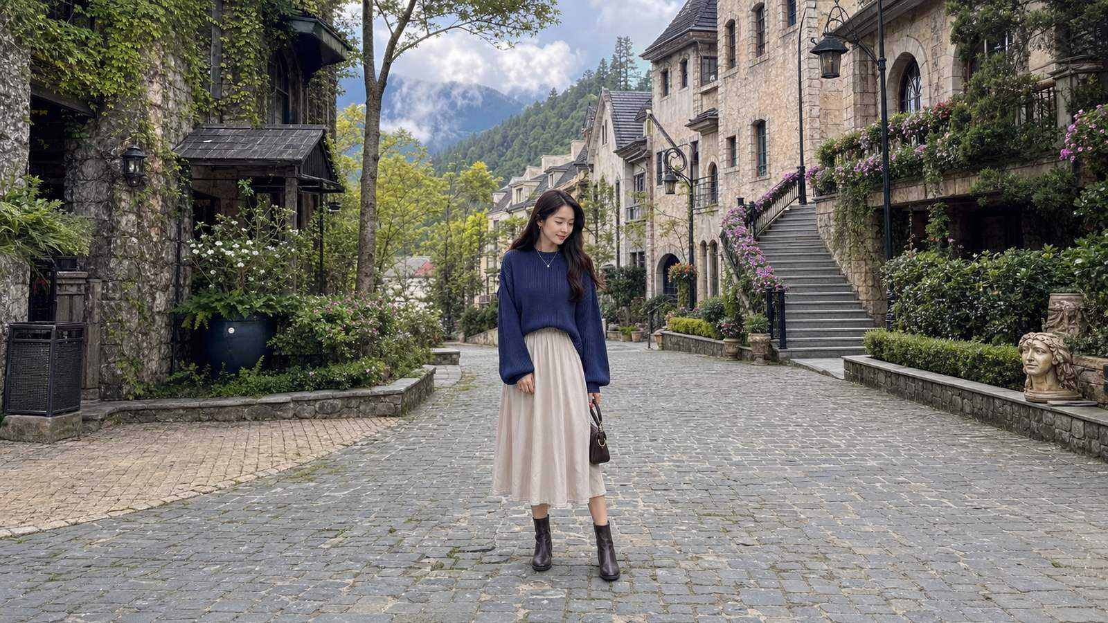 Đầm hai dây phối cardigan ngắn và sneaker trắng cho ngày se lạnh vừa phải