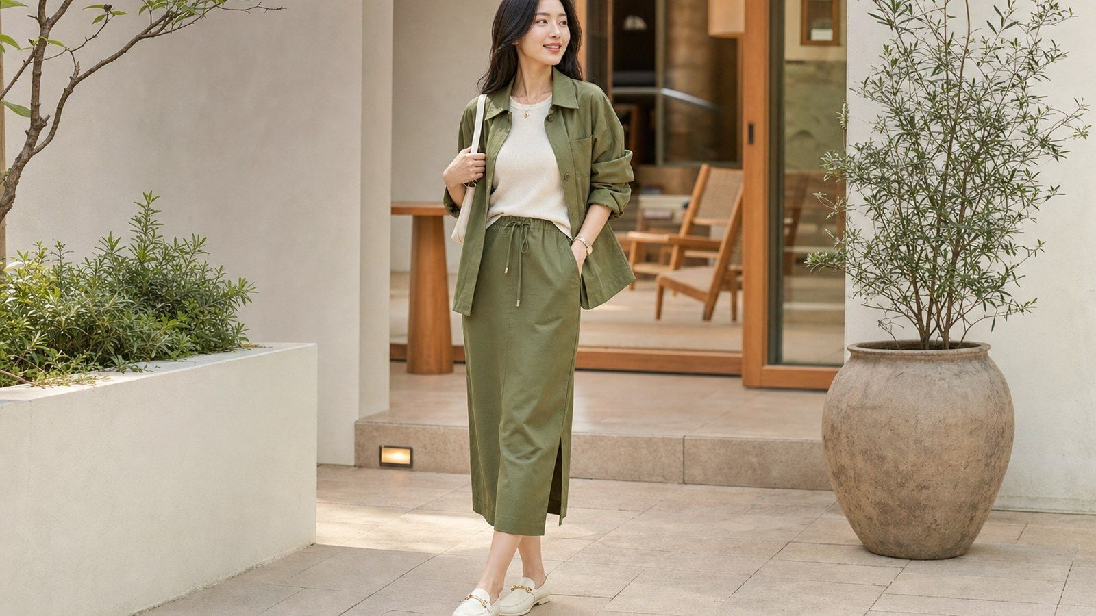 Set xanh olive và trắng ngà cho cuối tuần trẻ và gọn