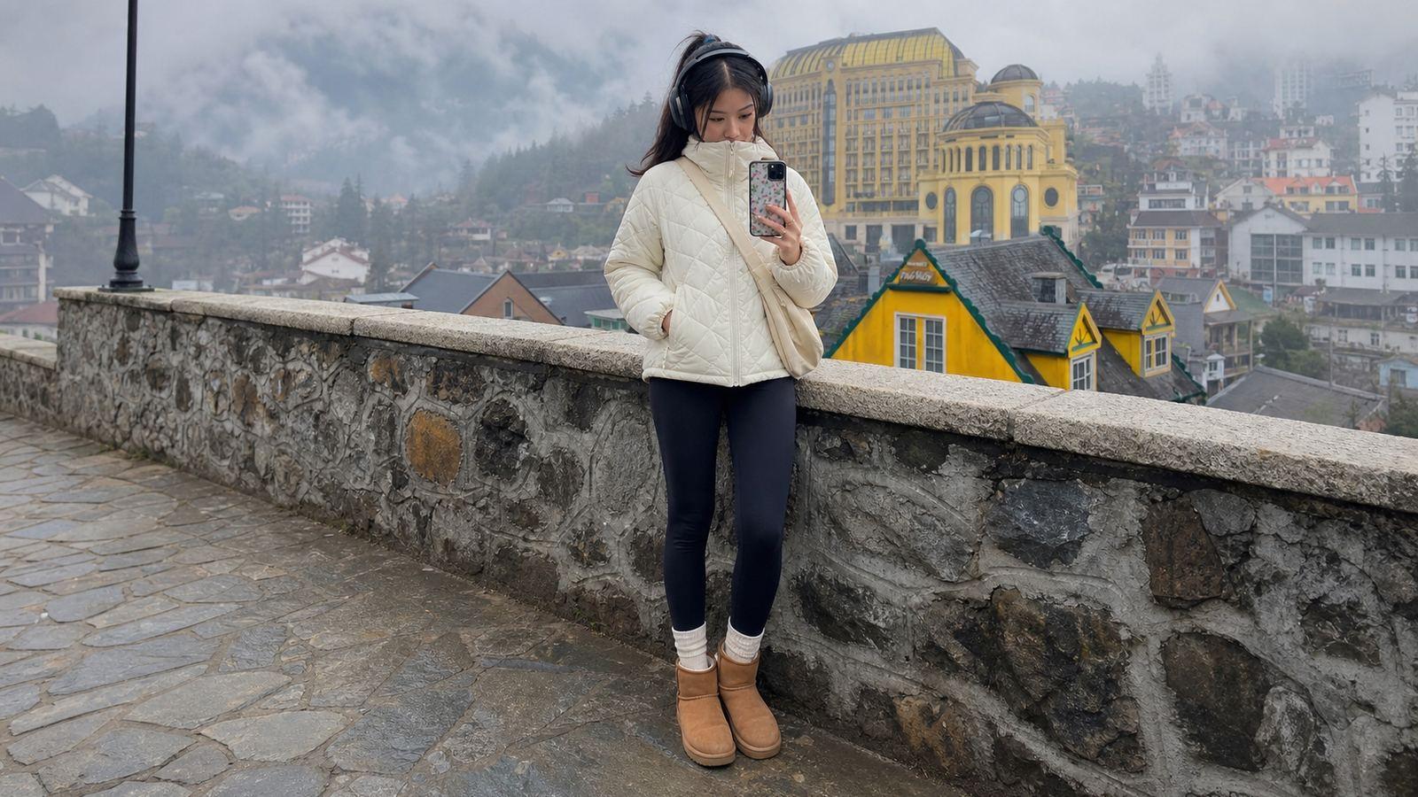 Sơ mi trắng, gile lông nhẹ và quần suông tạo set thanh hơn