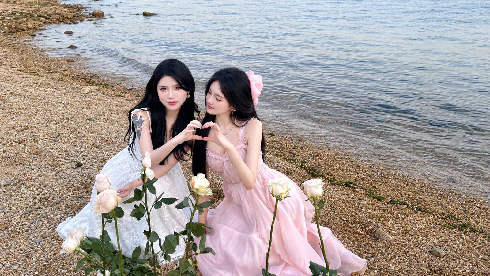 Một người nhìn camera, một người nhìn nghiêng hoặc nhìn bạn mình