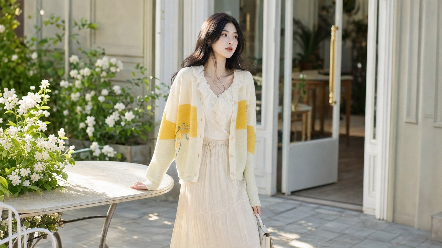 Cardigan kem phối váy champagne hoặc nude khi muốn mặc mềm hơn