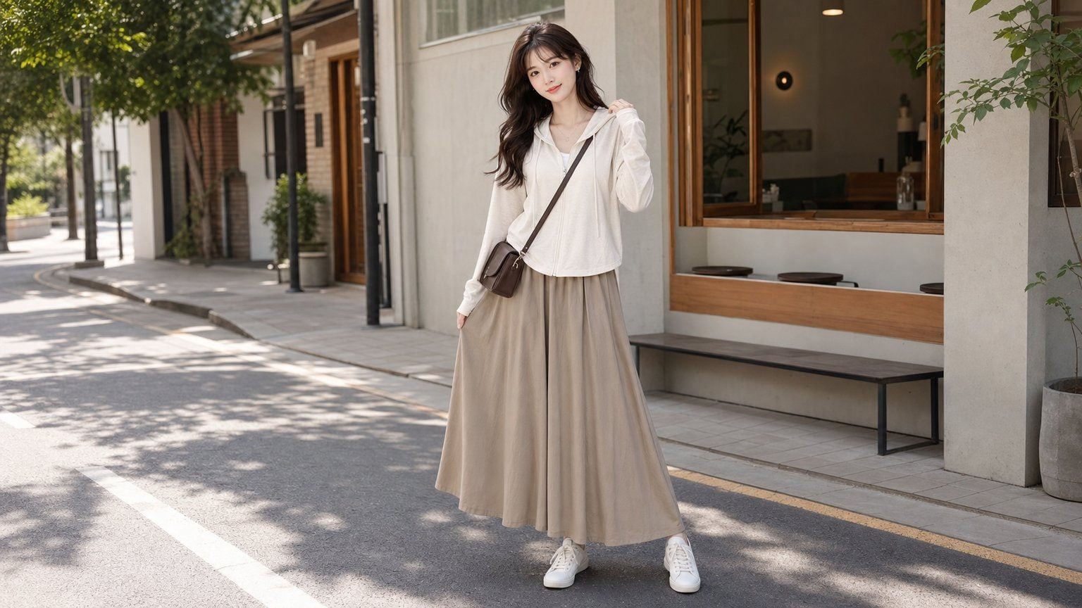 Hoodie mỏng, chân váy dài và túi đeo chéo cho mix sporty nữ tính