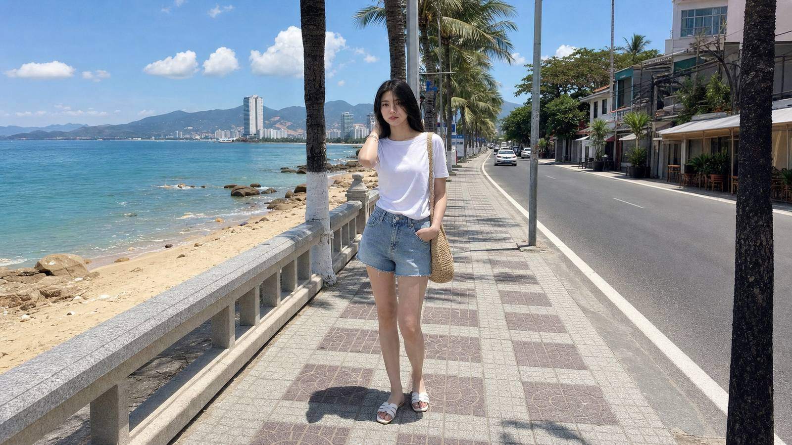 Áo thun trắng phối short jeans hoặc short vải cho ngày đi Nha Trang