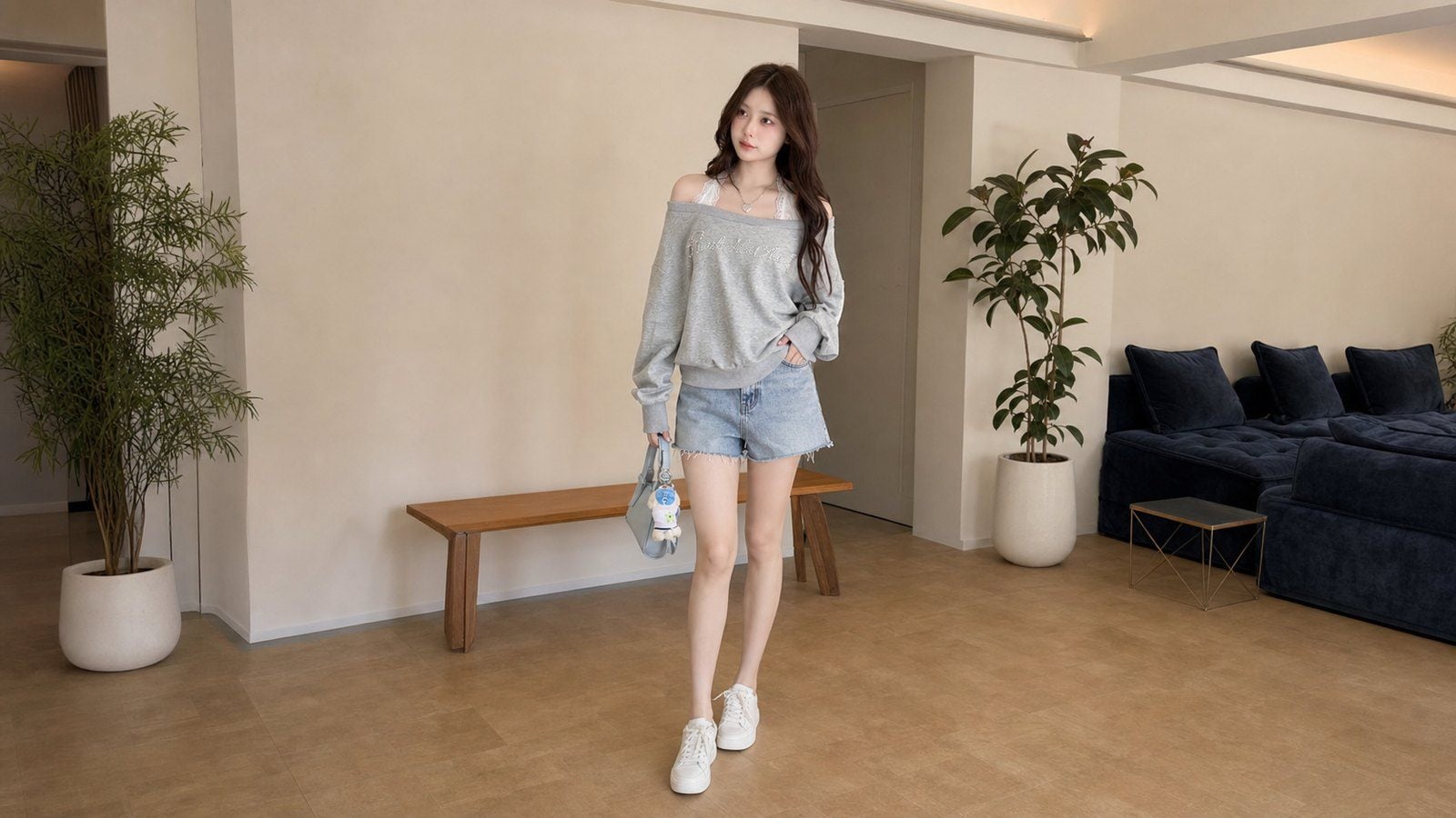 Áo trễ vai phối quần short denim hoặc short vải gọn
