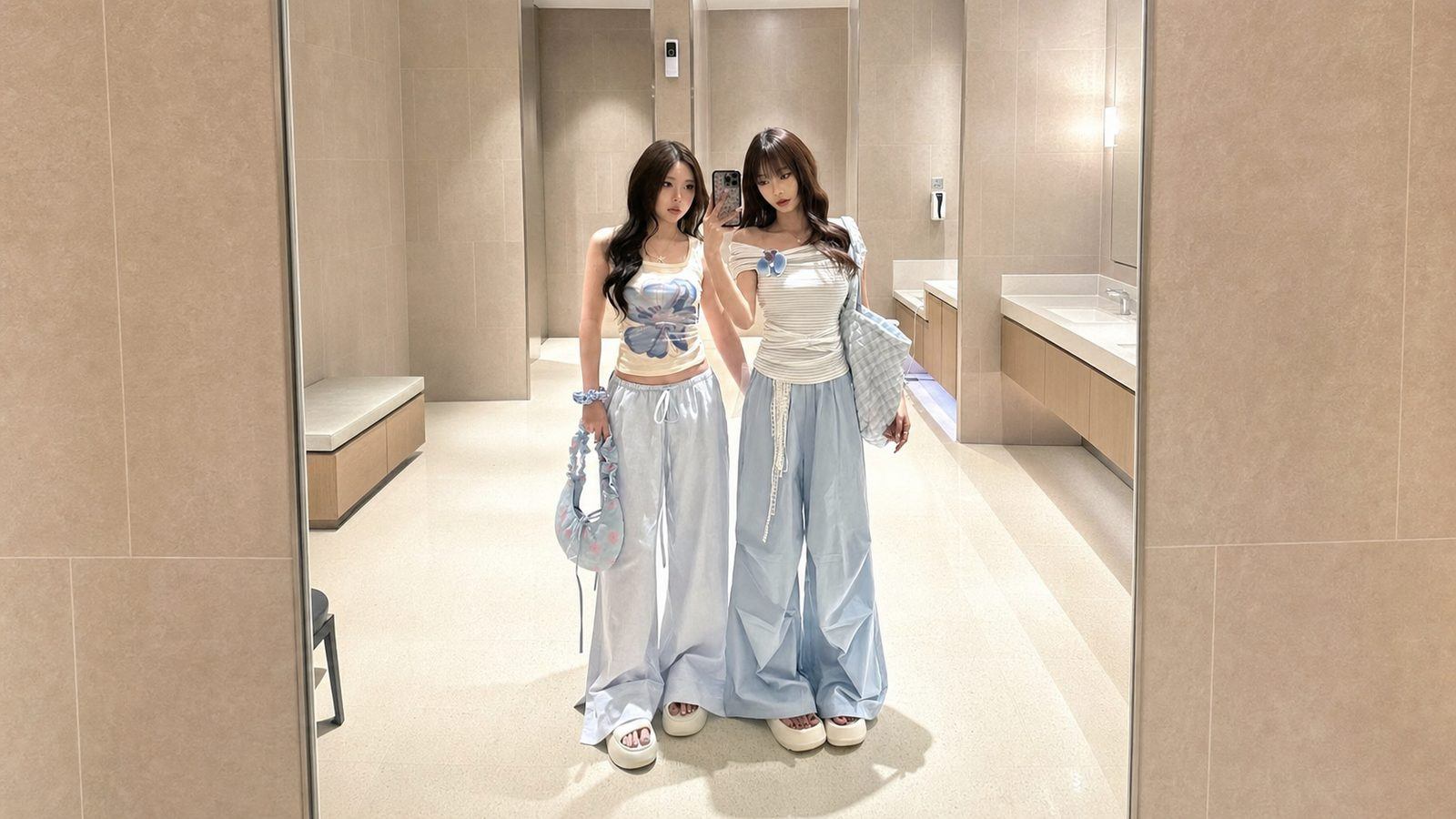 Hai bạn thân mặc tông trắng, denim, pastel hoặc be để ảnh trẻ và sáng