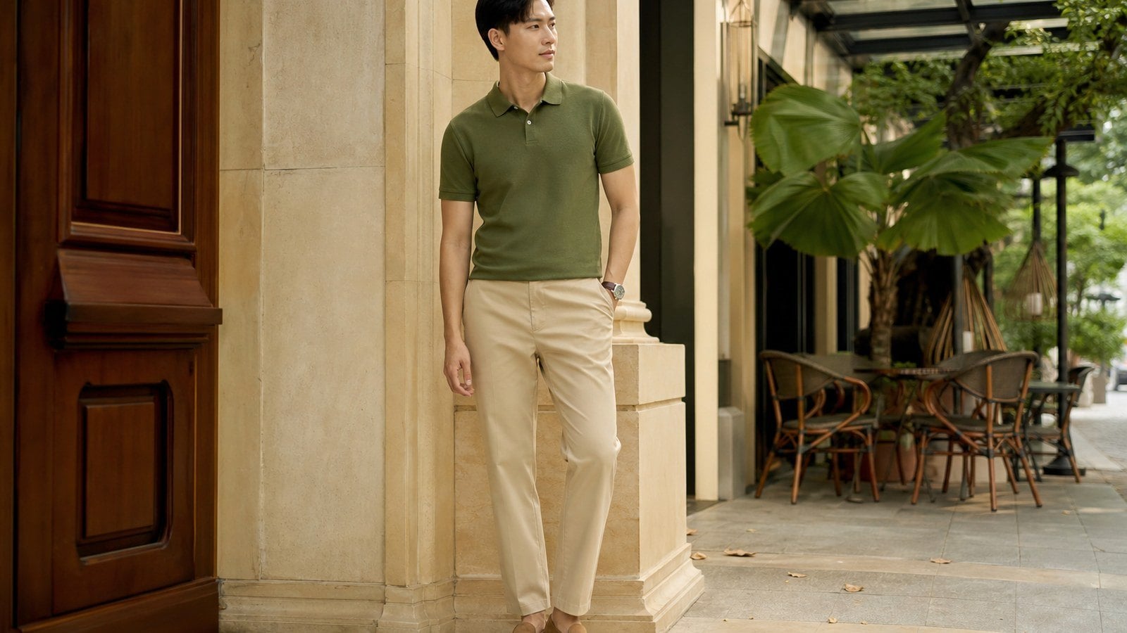 Polo xanh olive phối quần kaki be cho cuối tuần thoải mái