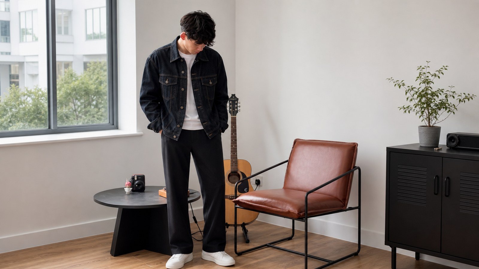 Áo khoác denim phối áo thun basic