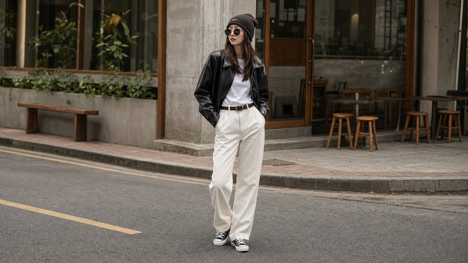 Áo khoác da hoặc bomber phối tee trắng và jeans để thêm cá tính