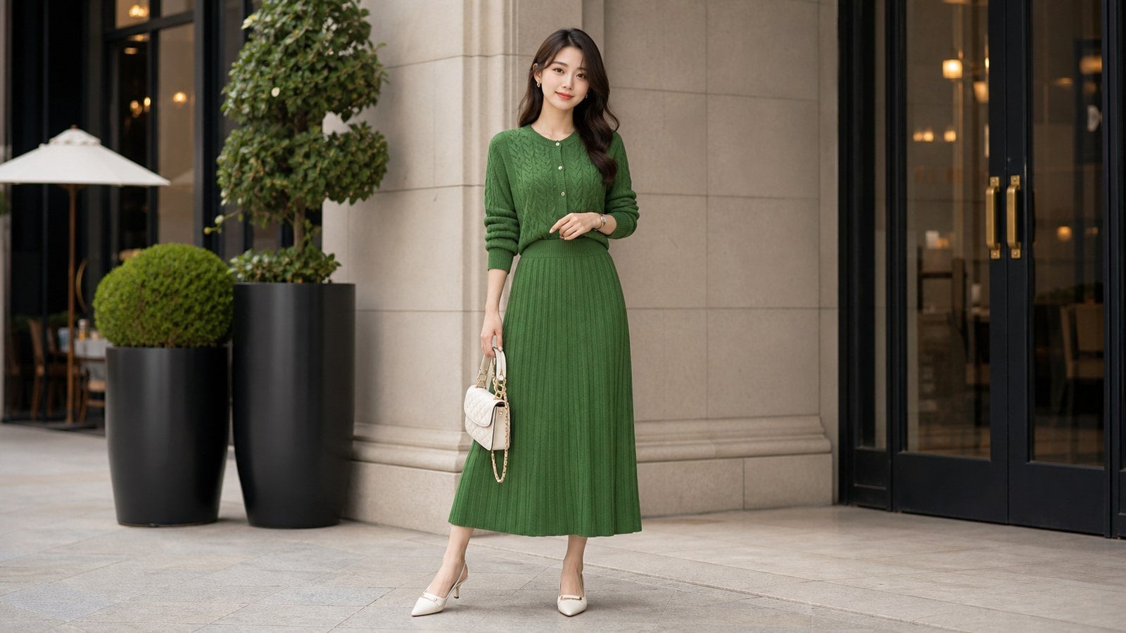 Đầm hoặc set len xanh lá trầm giúp outfit nữ tính hơn