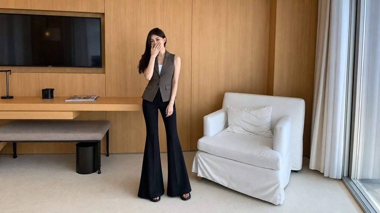 Quần ống loe phối áo gile hoặc vest cộc tay để outfit có cấu trúc