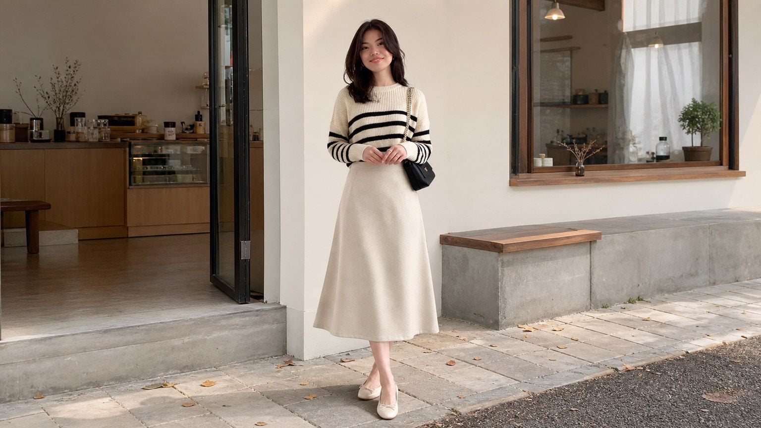 Knit top ôm nhẹ và chân váy chữ A giữ outfit gọn mà vẫn nữ tính