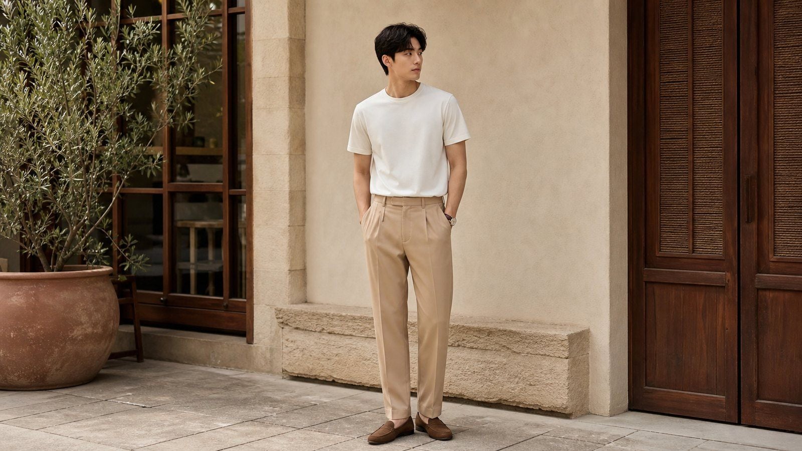 Polo nâu nhạt phối quần kaki sáng cho nam đi học, đi làm hoặc gặp gỡ cuối tuần