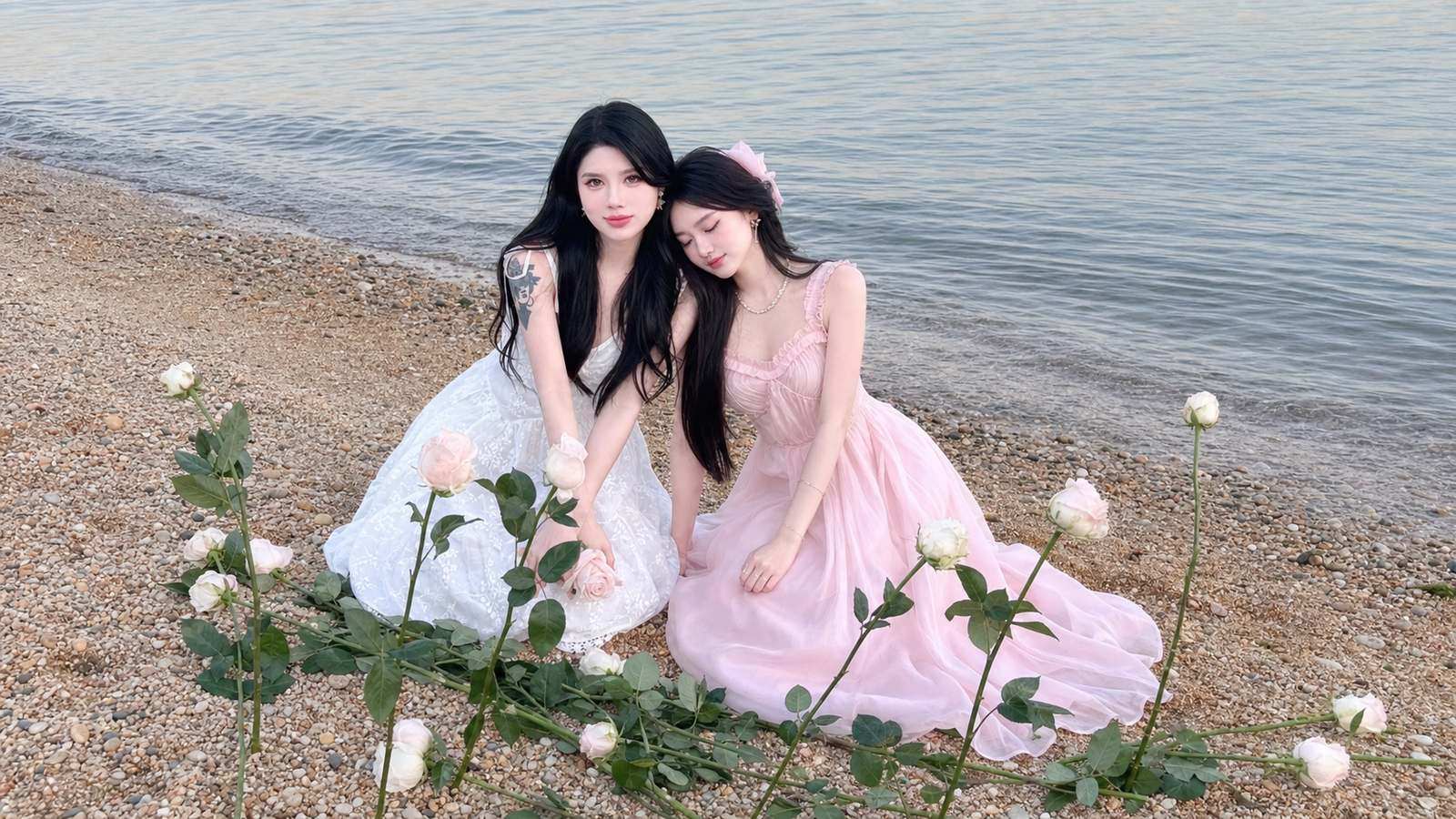 Hai bạn thân tựa đầu lên vai nhau với mood mềm và gần gũi