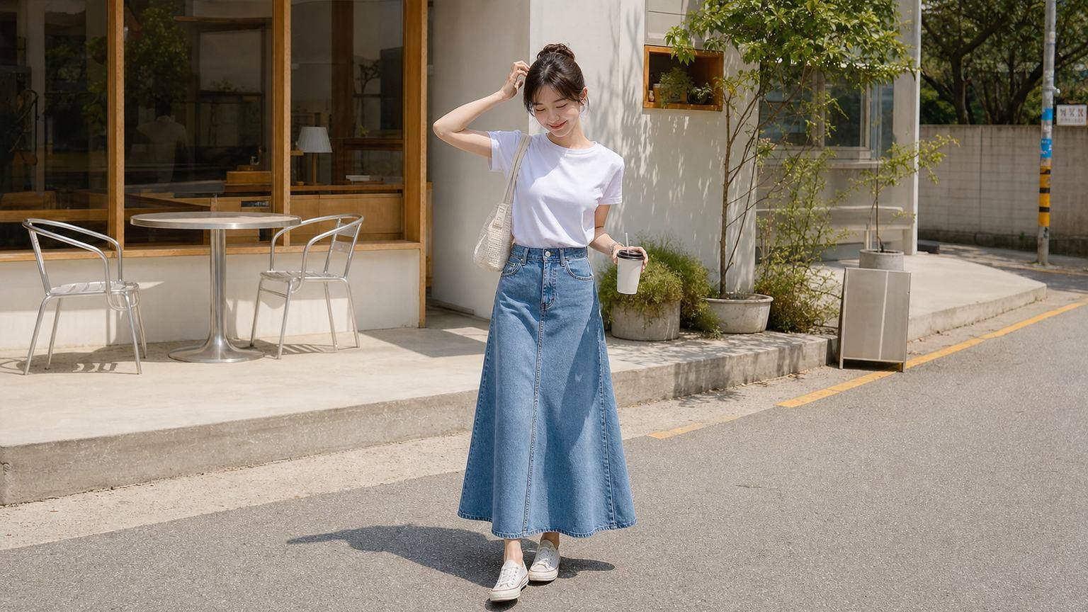 Áo thun trắng phối chân váy denim nhạt cho cuối tuần