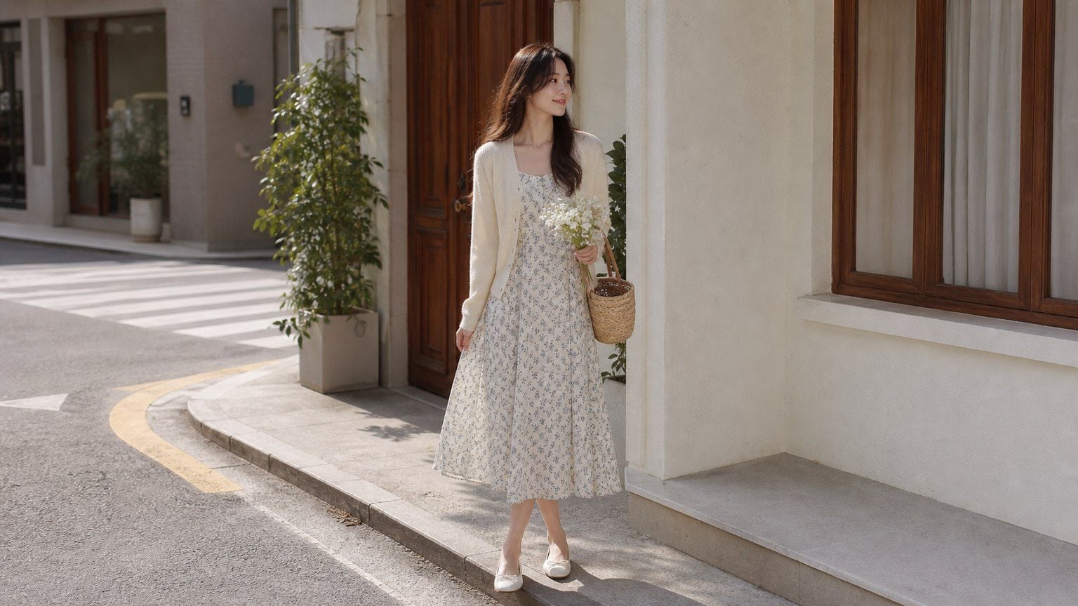 Váy hoa nhí và cardigan đủ trơn giúp set đồ mềm mà không rối