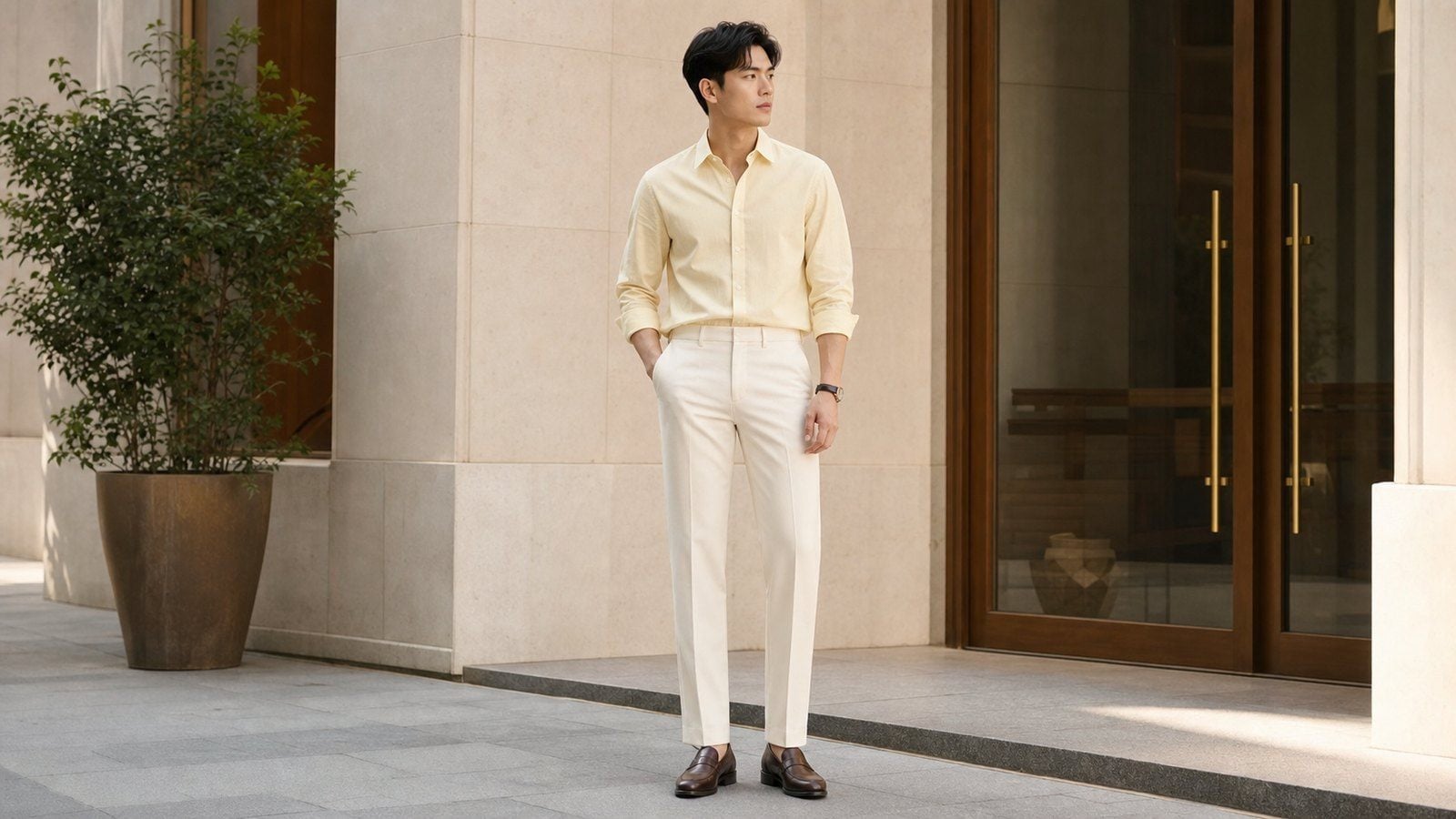 Áo thun trắng kem phối quần nâu hoặc beige cho nam thích set đồ đơn giản