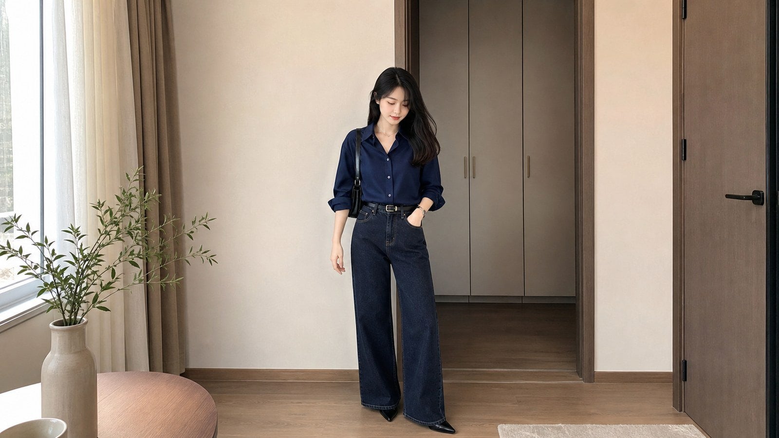 Xanh navy phối denim giúp outfit mệnh Mộc gọn và hiện đại hơn