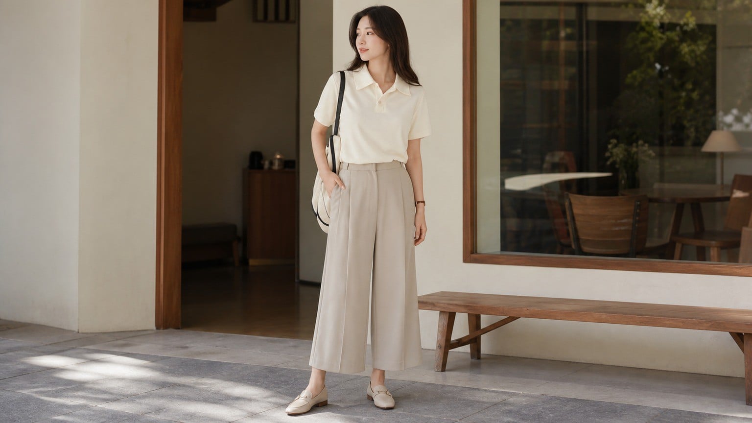 Áo polo dệt, quần culottes và túi da gọn cho set đồ hiện đại