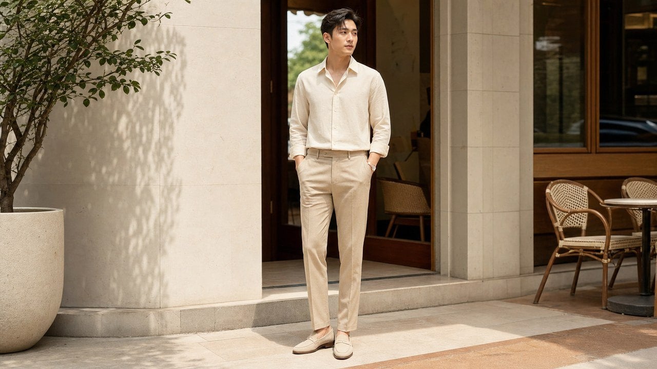 Sơ mi kem phối quần be hoặc nâu nhạt cho smart casual ấm và sạch