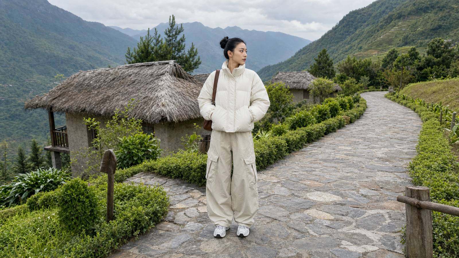 Trench coat mỏng phối đầm dài đơn sắc tạo cảm giác thanh hơn