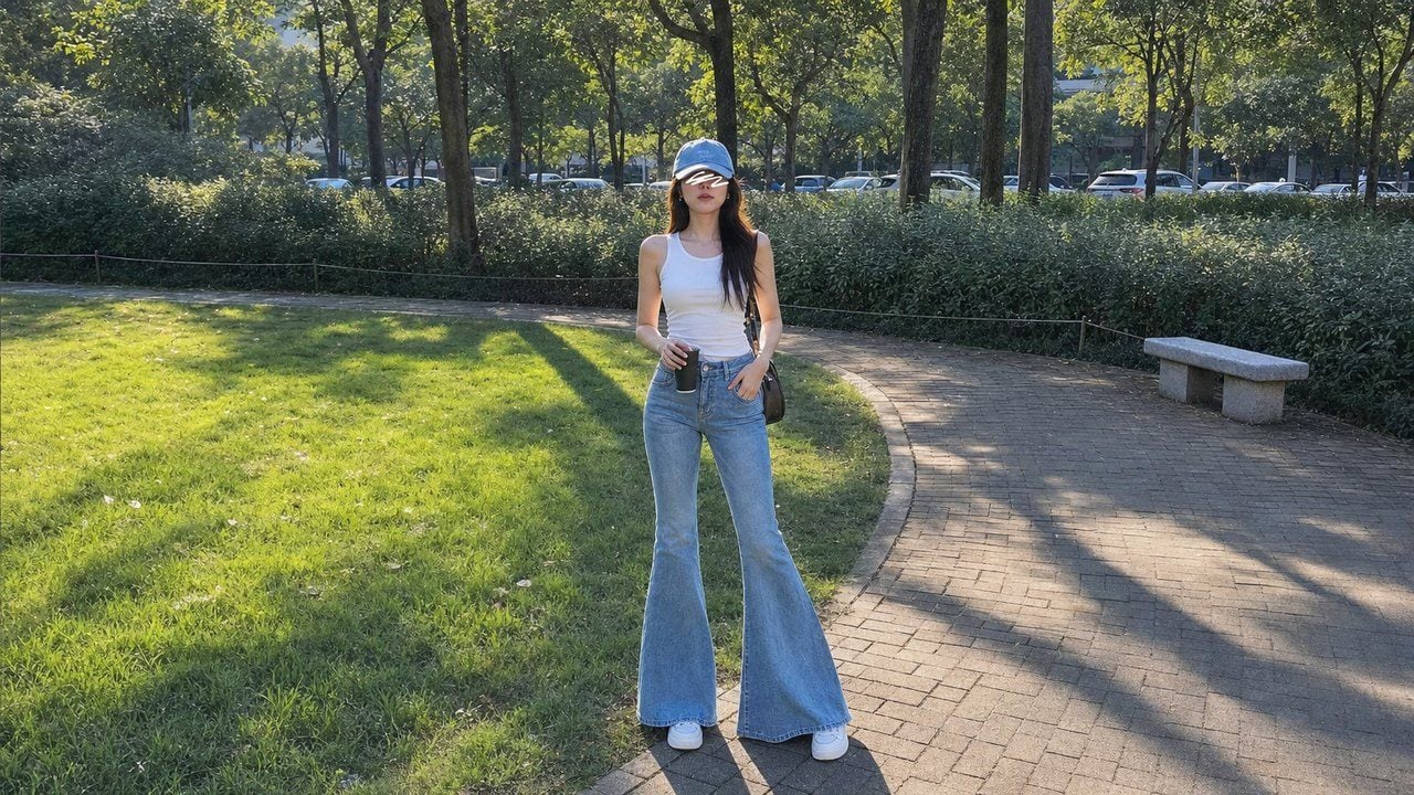 Quần jeans ống loe phối áo tank top hoặc áo ôm cổ tròn năng động