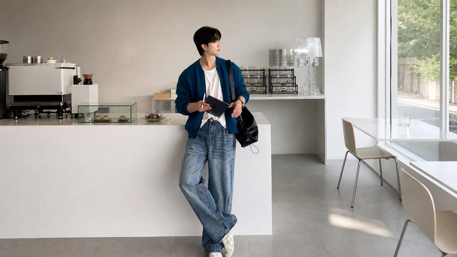 Cardigan phối áo thun trắng và quần jeans