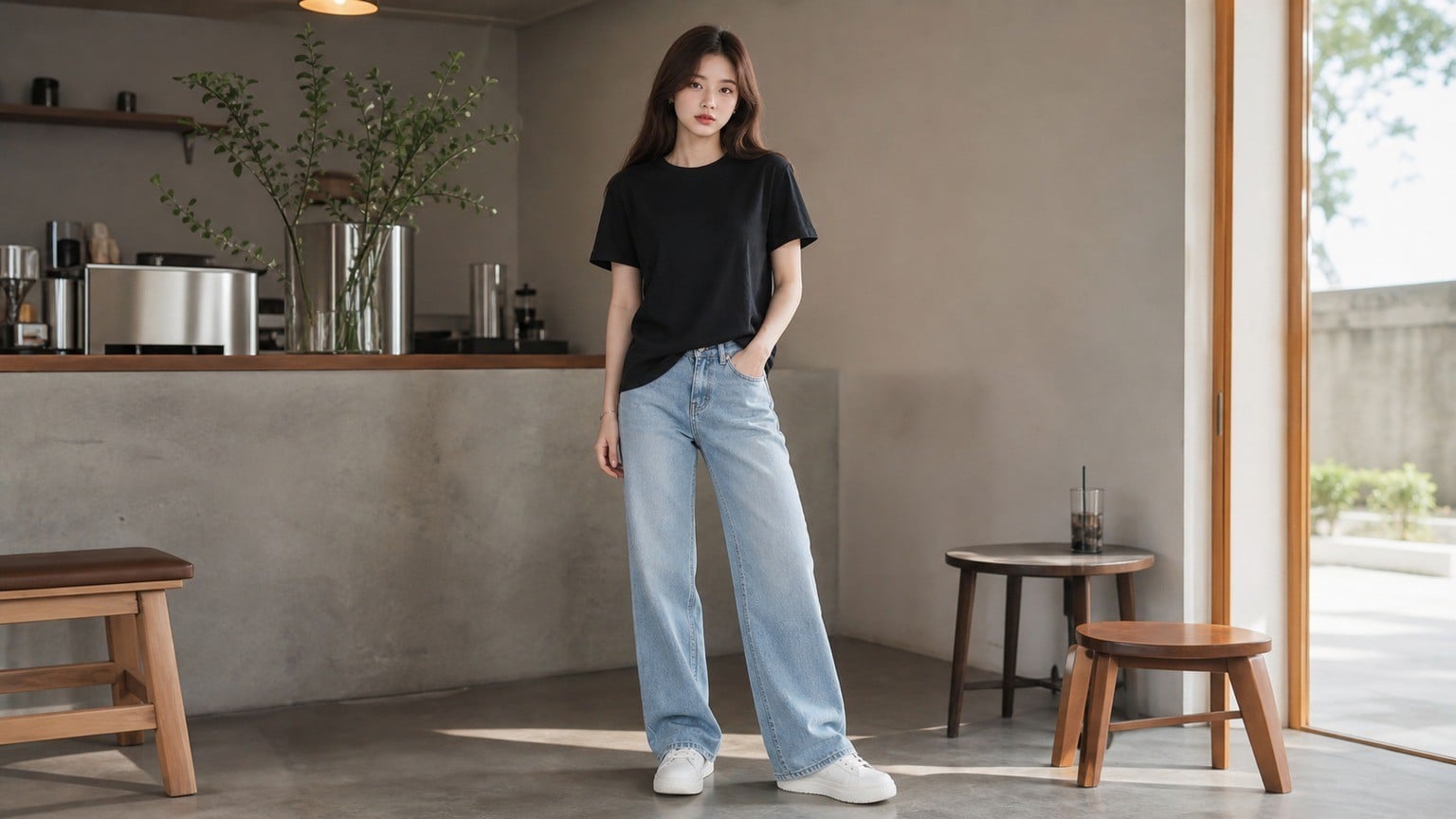 Áo thun trơn, jeans ống suông và sneaker trắng cho ngày đi chơi cuối tuần