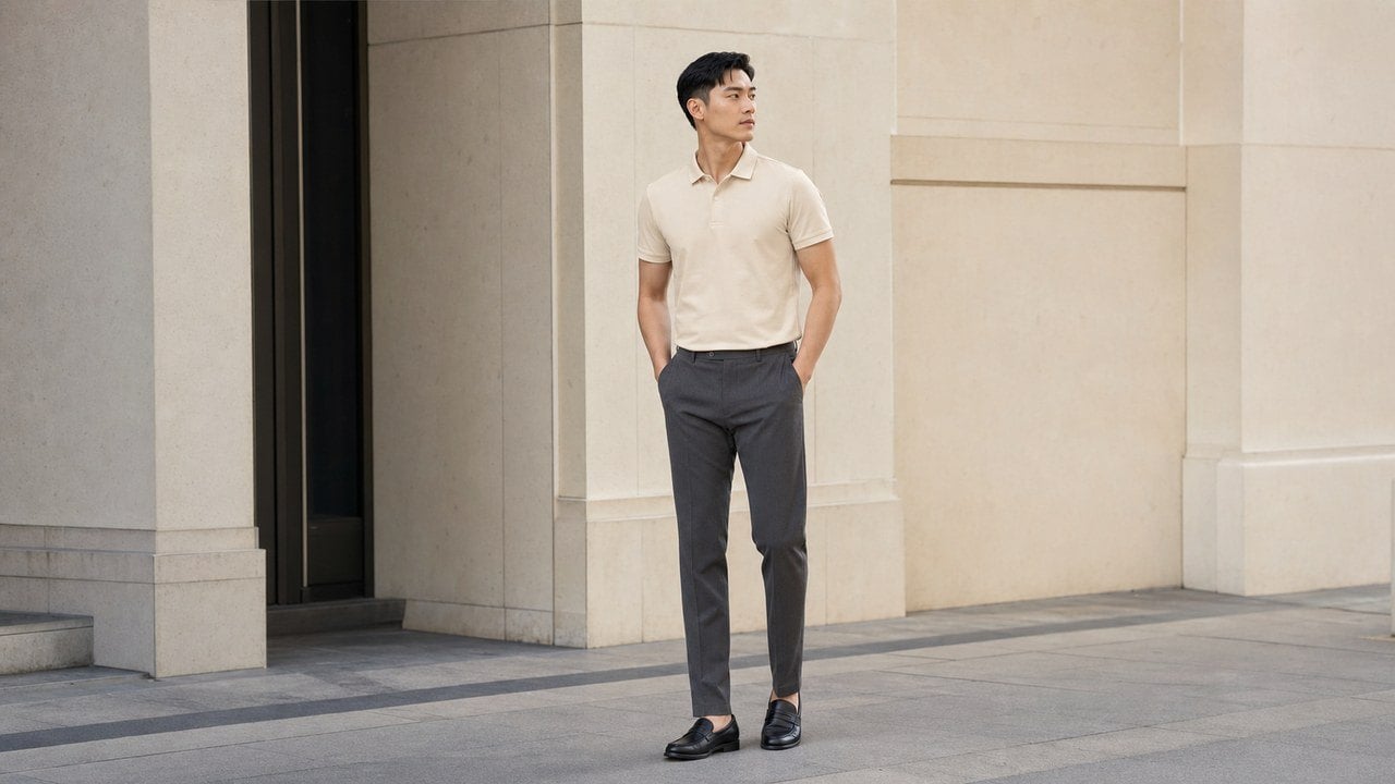 Polo kem phối quần tây than hoặc xám cho nam chỉn chu