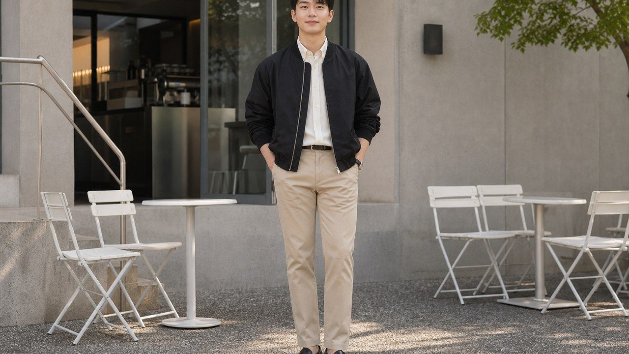 Áo bomber nam phối áo sơ mi và quần kaki