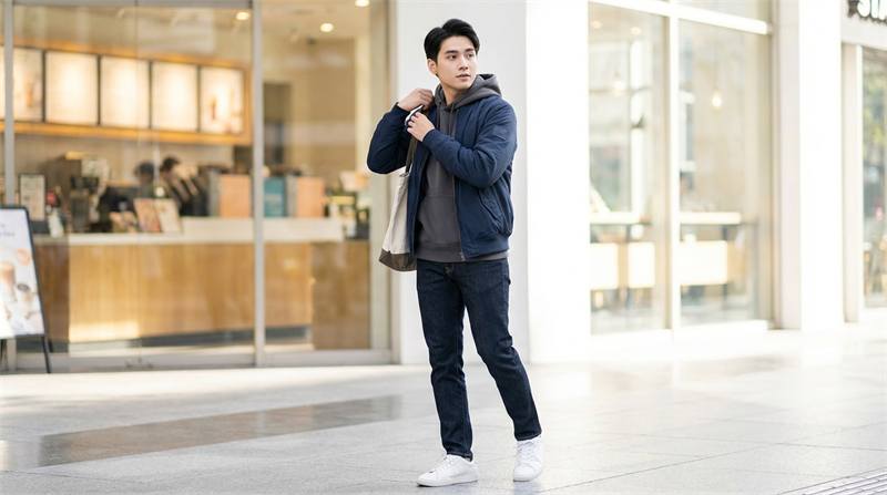 Phong cách layering hoodie với bomber hoặc denim: nâng tầm outfit thời trang, có chiều sâu. Lý tưởng cho ngày mát hoặc chuyển mùa, giữ form đẹp.
