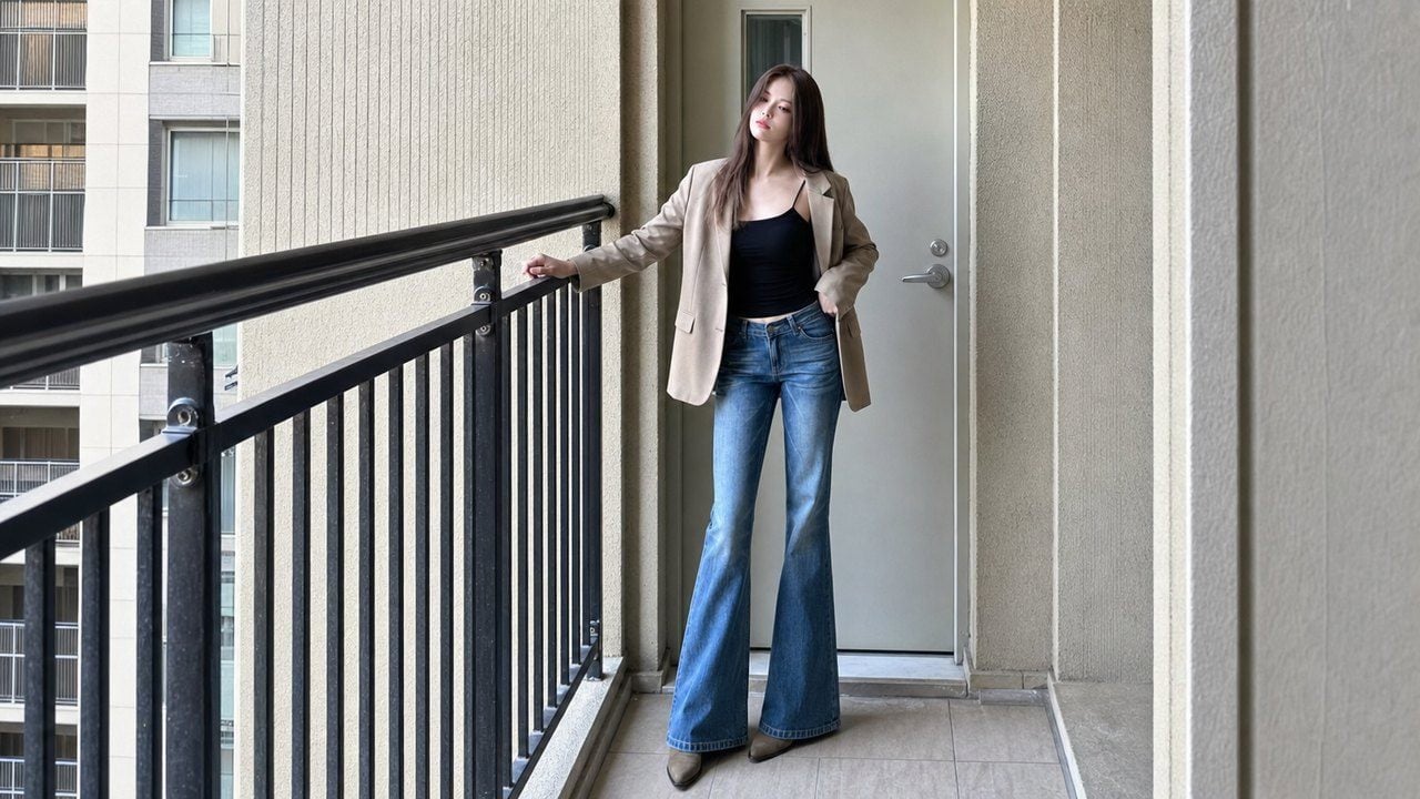 Quần ống loe nữ phối áo hai dây và blazer, trưởng thành mà vẫn thoáng