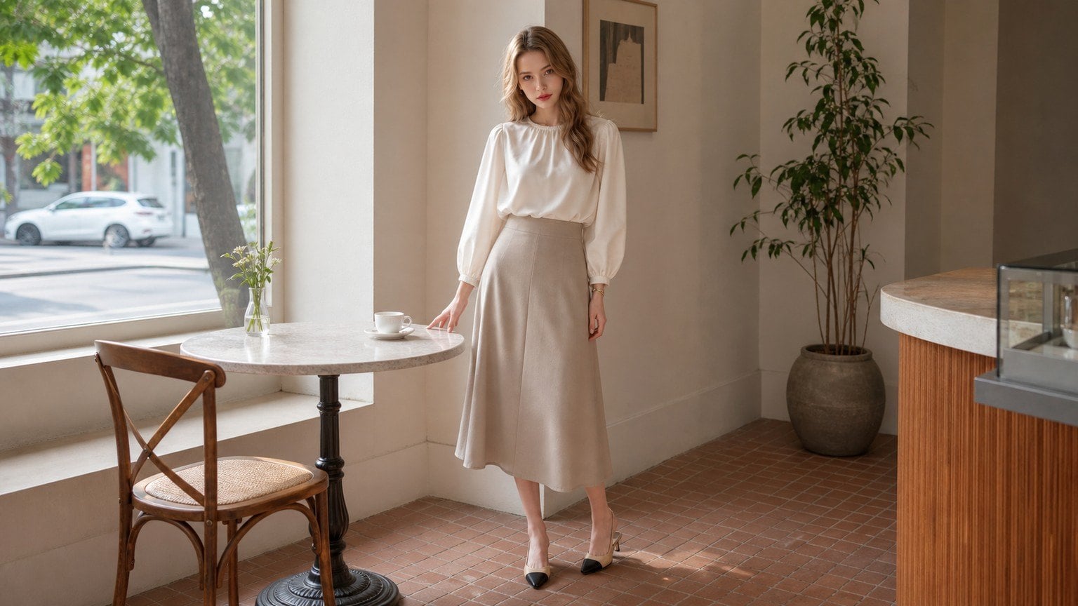 Blouse trơn, chân váy midi và slingback tạo vẻ nữ tính vừa phải