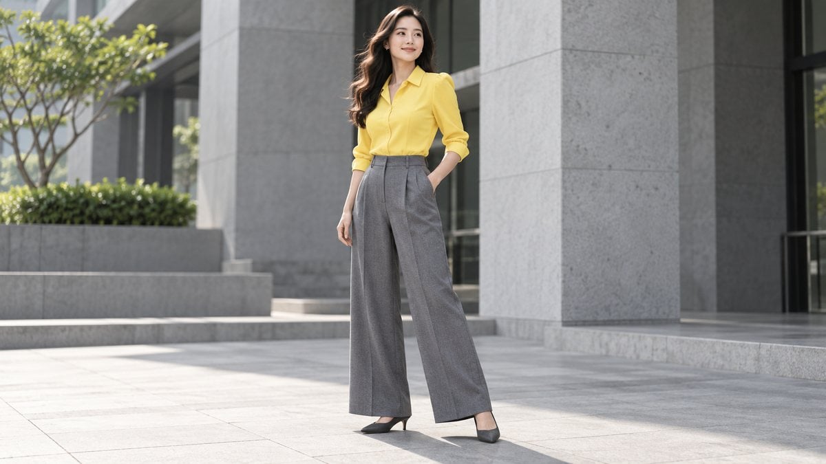 Áo vàng chanh phối quần xám trung tính, cân bằng sắc vàng nổi bật