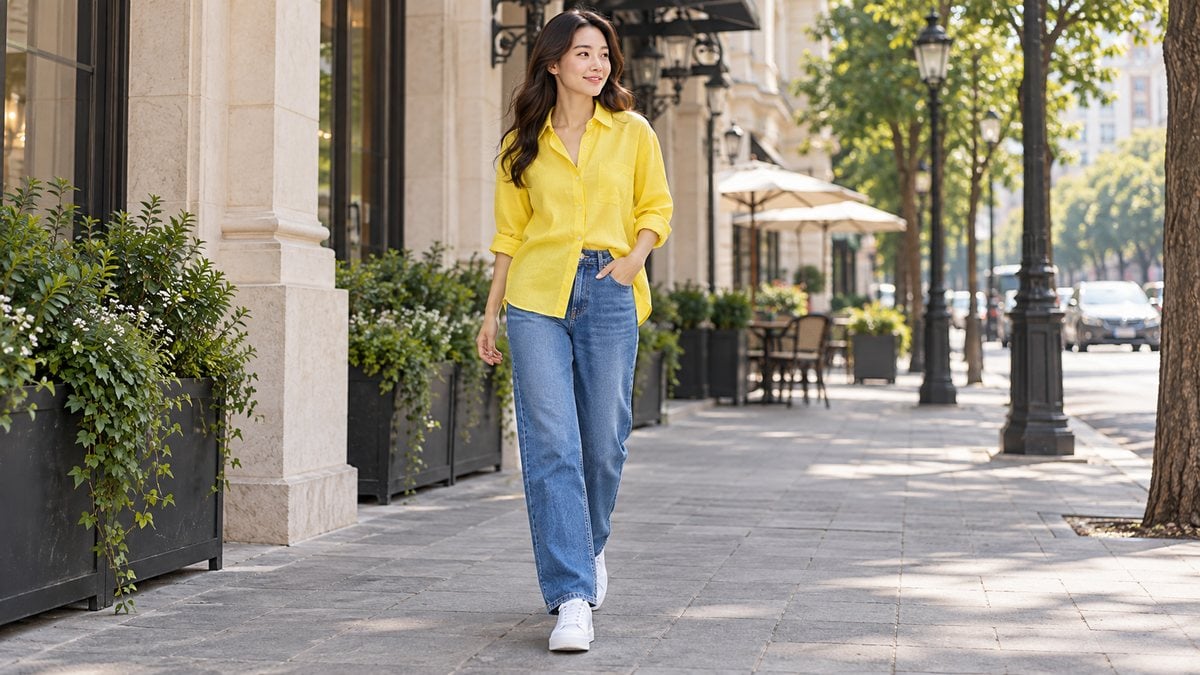 Áo vàng chanh phối quần jeans xanh denim cho trang phục thường ngày