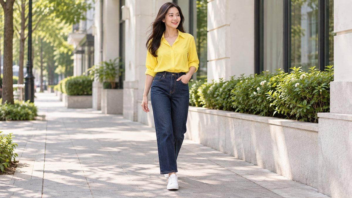 Áo vàng chanh phối quần jeans xanh đậm và sneaker trắng trong set đồ dễ ứng dụng