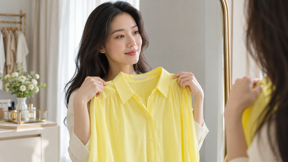 Thử áo vàng chanh gần gương mặt dưới ánh sáng tự nhiên để chọn vị trí màu phù hợp