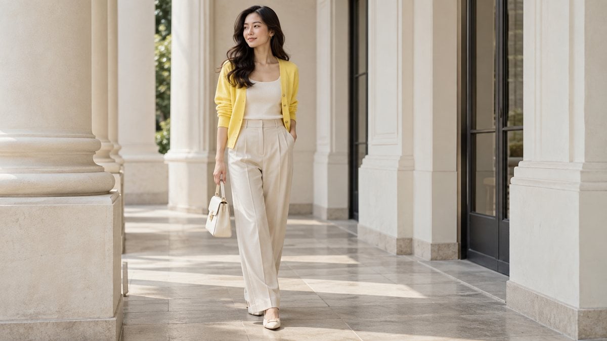 Cardigan vàng chanh là điểm nhấn duy nhất trên nền quần áo màu kem
