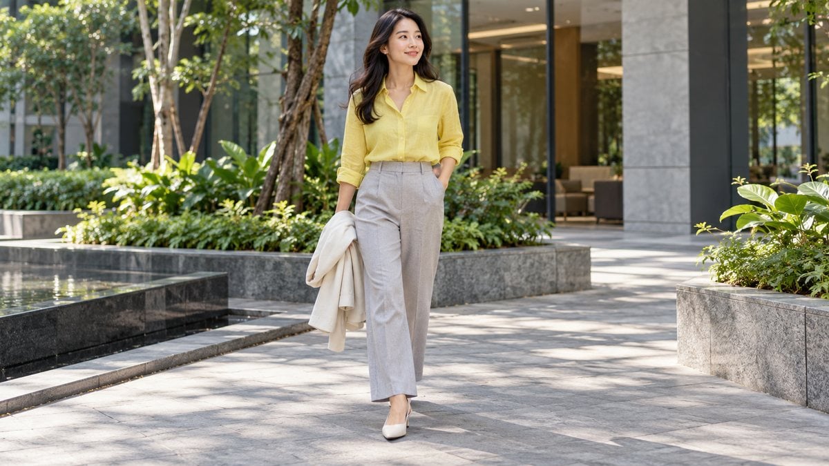 Áo vàng chanh phom gọn bằng vải mềm phối quần xám cho môi trường công sở linh hoạt