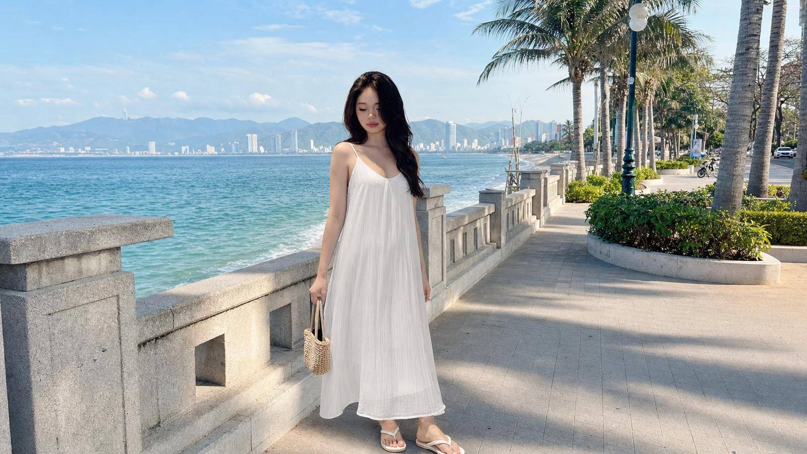 Váy trắng dáng suông hoặc chữ A hợp bối cảnh Nha Trang
