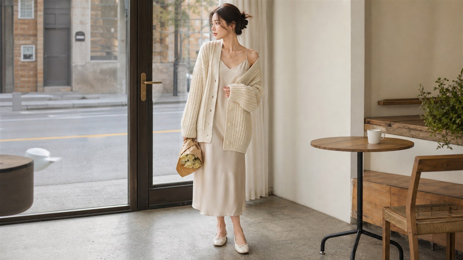 Cardigan vặn thừng phối với đầm hai dây