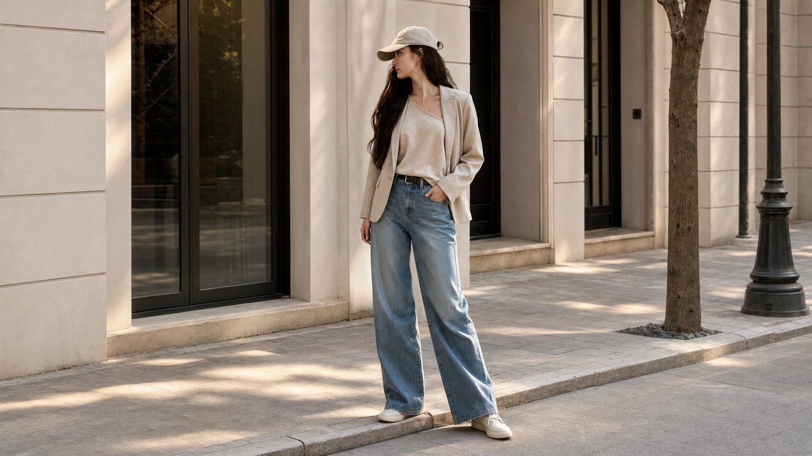 Áo trễ vai trơn màu phối jeans cạp cao và giày gọn để mặc thanh hơn
