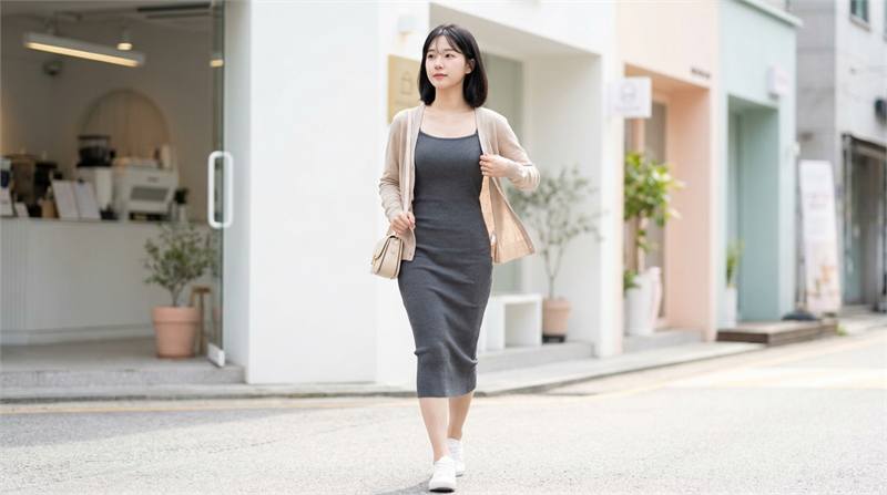 Phụ nữ thanh lịch trong váy body và áo khoác len mỏng màu trung tính, lý tưởng cho những ngày mát mẻ, dạo phố hoặc đi cà phê.