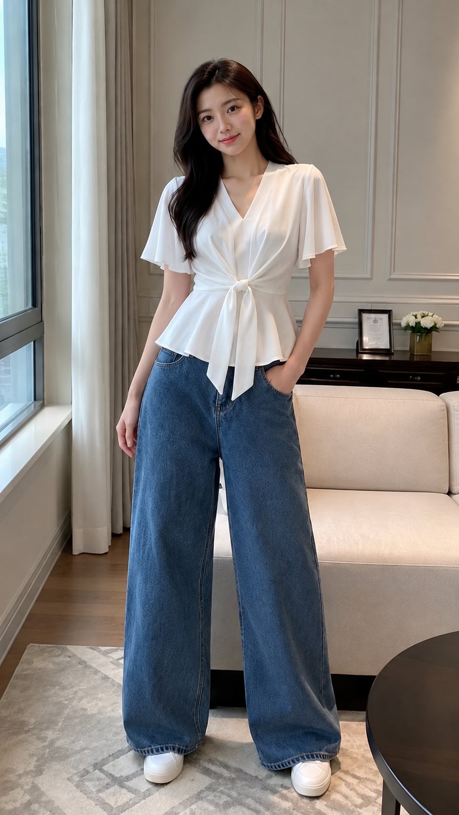 Áo peplum trắng có tà xòe nhẹ dưới eo tự nhiên, phối jeans đơn giản.
